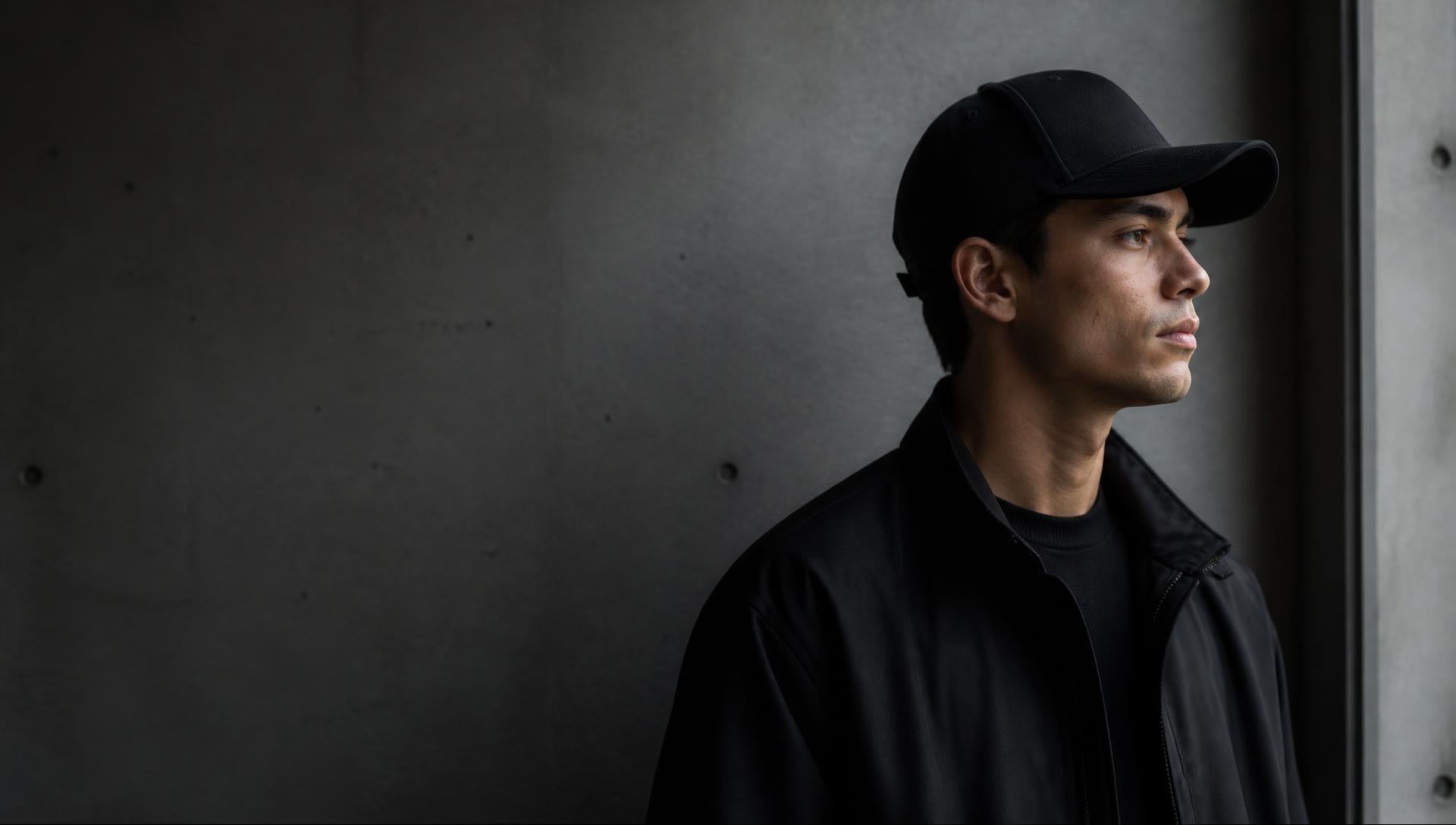 Person wearing a black CapAndHatCo baseball cap against a concrete wall